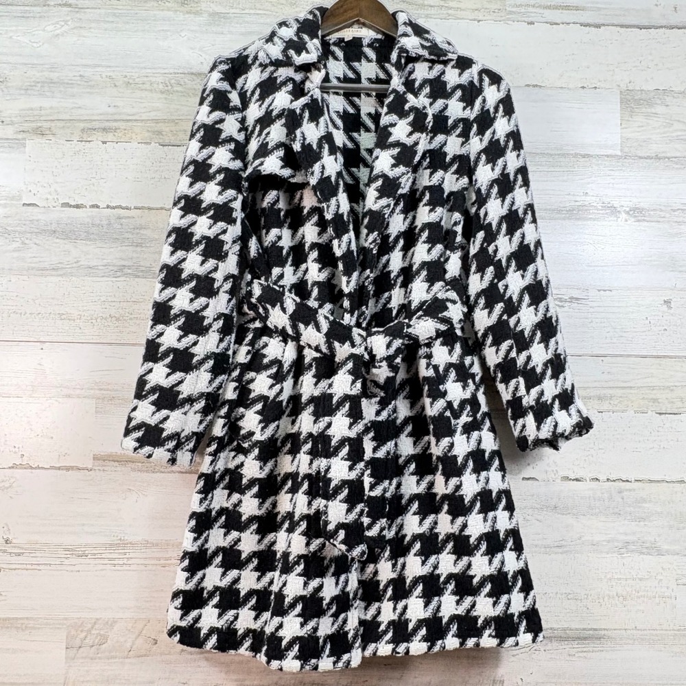 Solitaire Womens Houndstooth Wool Blend Belted Trench Coat Black White Small